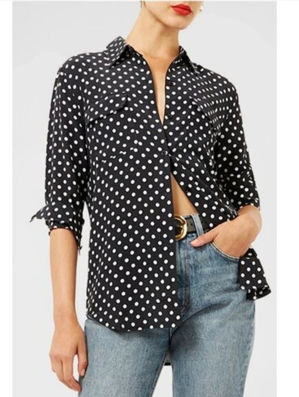 Equipment Femme 100% Silk Polka Dot Blouse XS Deep Dark Navy  Button Front Top